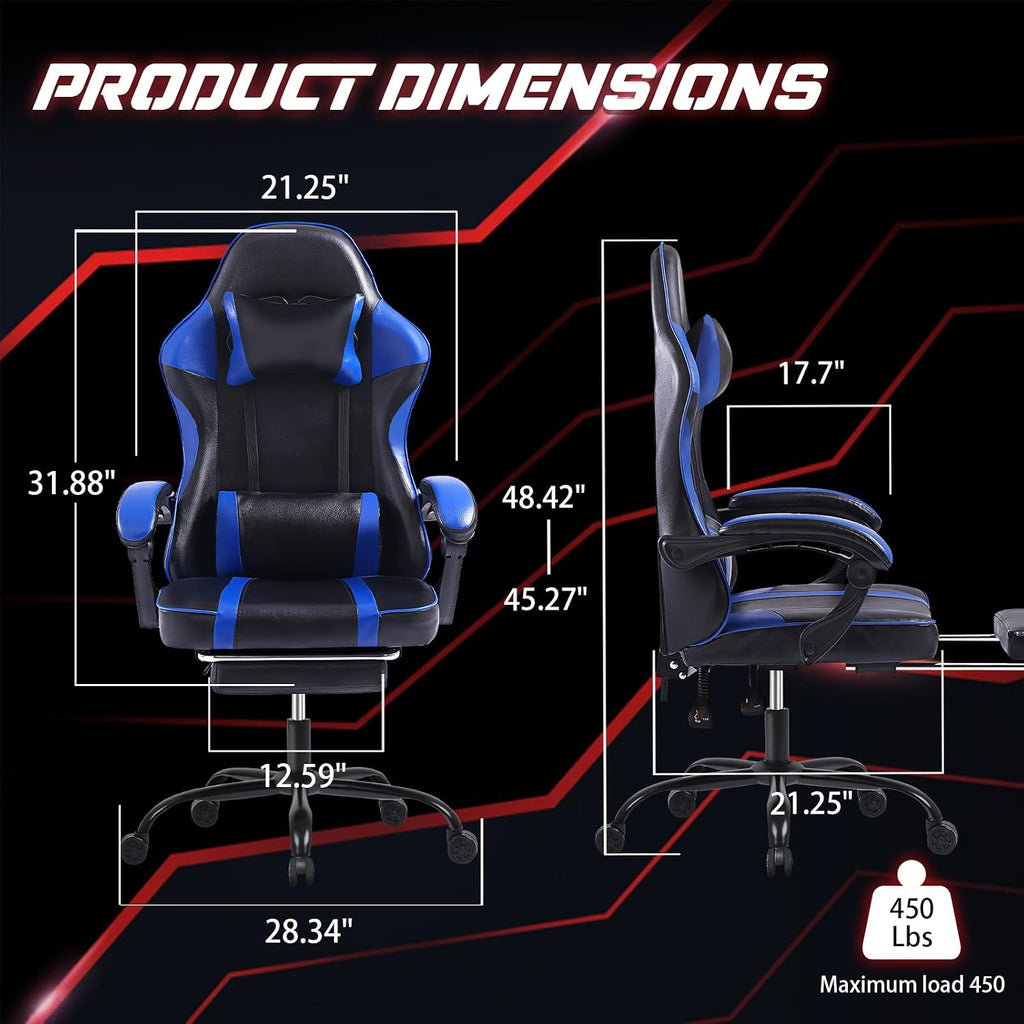 450lbs Big and Tall Gaming Chair with Footrest – Heavy Duty Wide Seat Video Game Chair for Adults, Reclining PU Leather High Back Computer Office Desk Chair with Lumbar Support (Model F, Black+Blue)