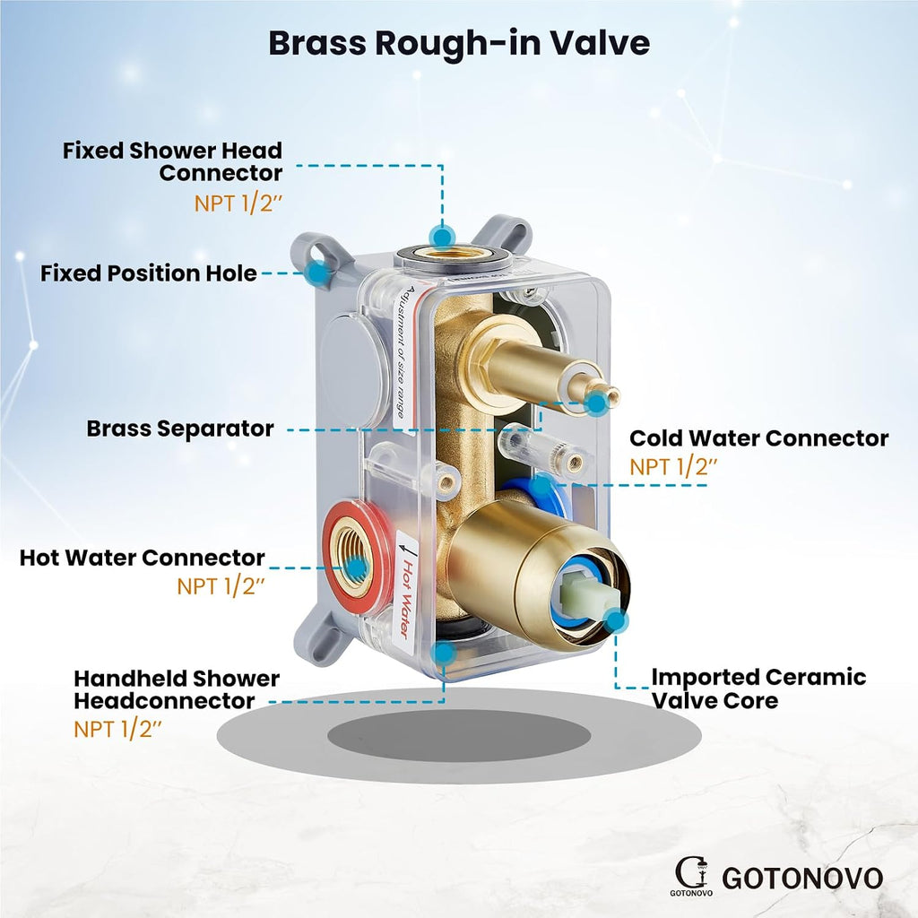 gotonovo Shower System 10 Inch Round Rainfall Showerhead Wall Mounted High Pressure Shower Faucet Set Fixture Combo with Rough in Valve and Cylindrical Handheld Spray, Brushed Gold