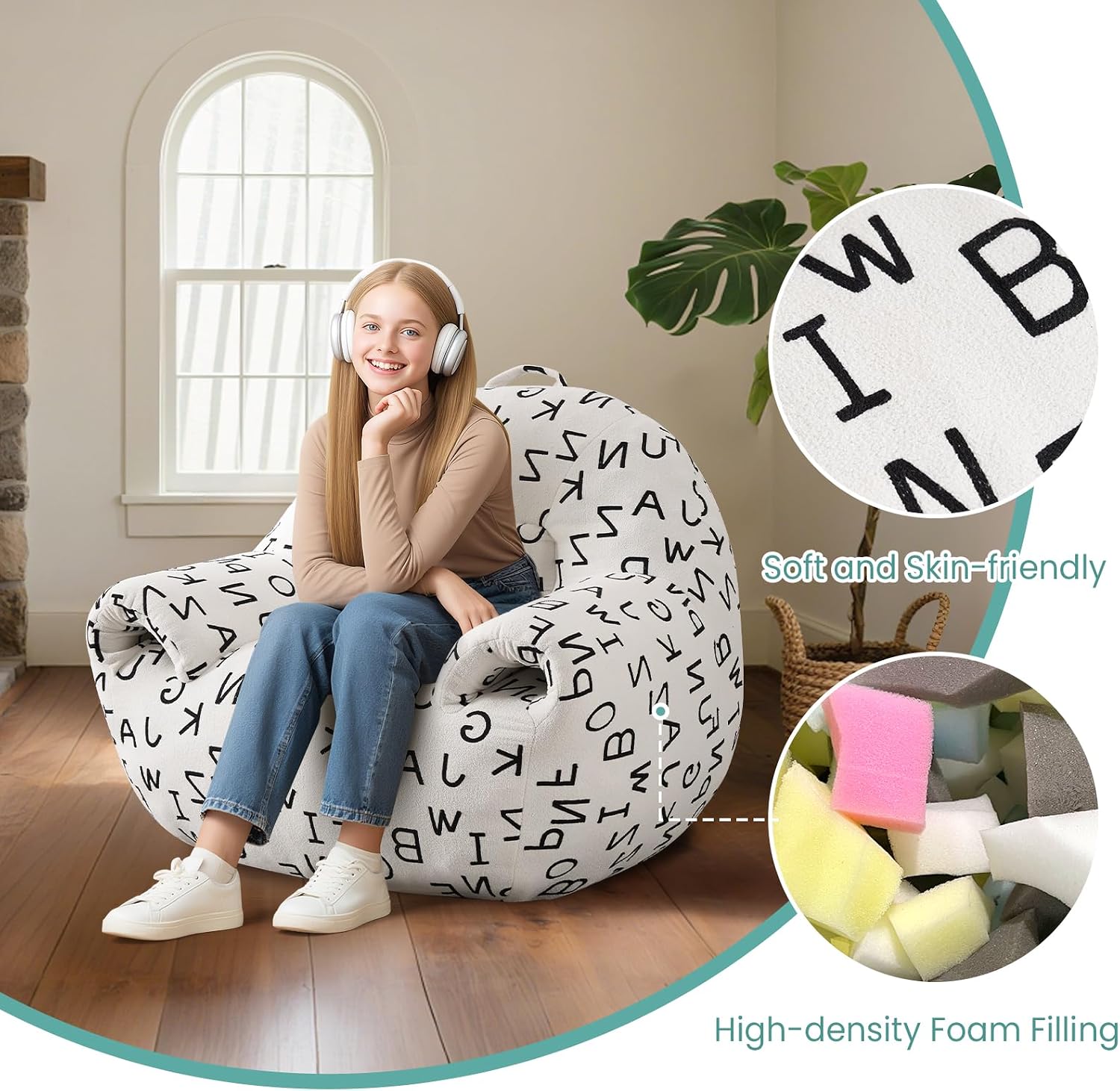 DAICO Bean Bag Chairs for Adults Comfy Bean Bag Sofa Chair with Armrests Plush Single Lazy Floor Sofas Accent Chair with Foam for Living Room Bedroom Reading Gaming Office (Letter White)
