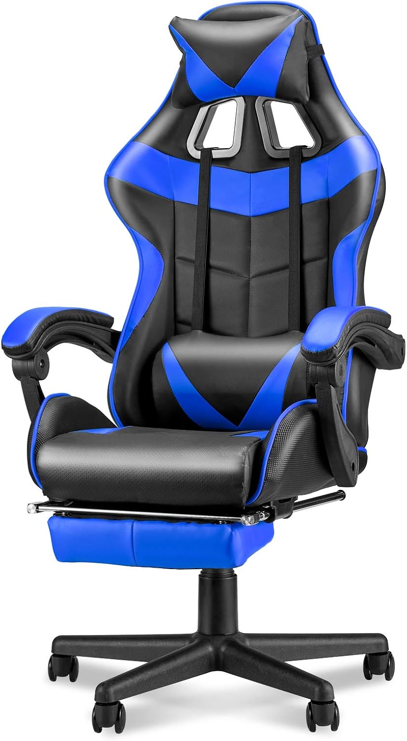 Soontrans Blue Gaming Chairs with Footrest,Ergonomic PC Computer Game Chair,Home Office Desk Chair with Headrest and Lumbar Support Office Chair for Adult