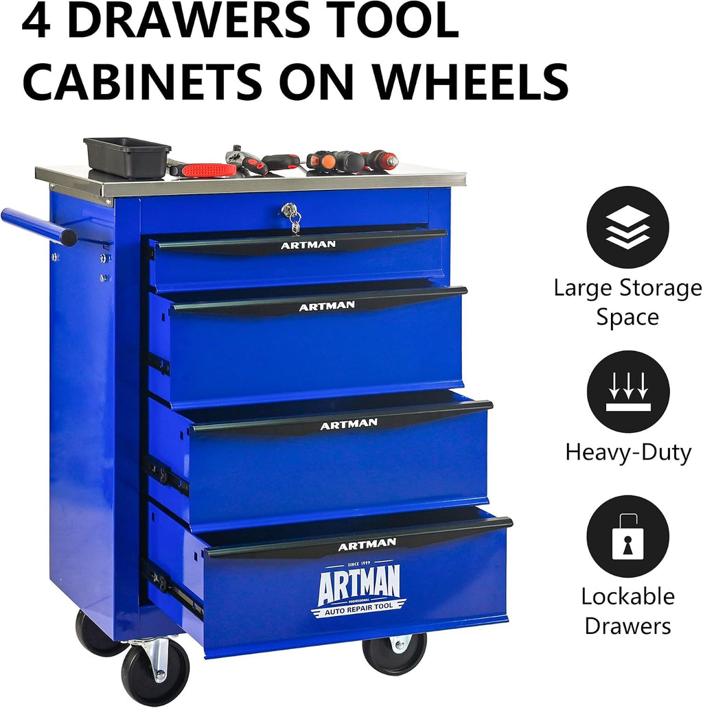 Campfun Tool Cart on Wheels 4 Drawers Rolling Tool Chest Workbench, Metal Tool Cabinet with Extra 7 Tool Storage Boxes, Tool Chest Combo Portable Mechanic Tool Cart for Garage Workshop Warehouse