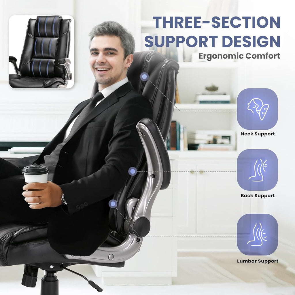 COLAMY Leather Executive Office Chair - High Back Home Computer Desk Chair with Padded Flip-up Arms, Adjustable Tilt Lock, Swivel Rolling Ergonomic Chair for Adult Working Study, Black