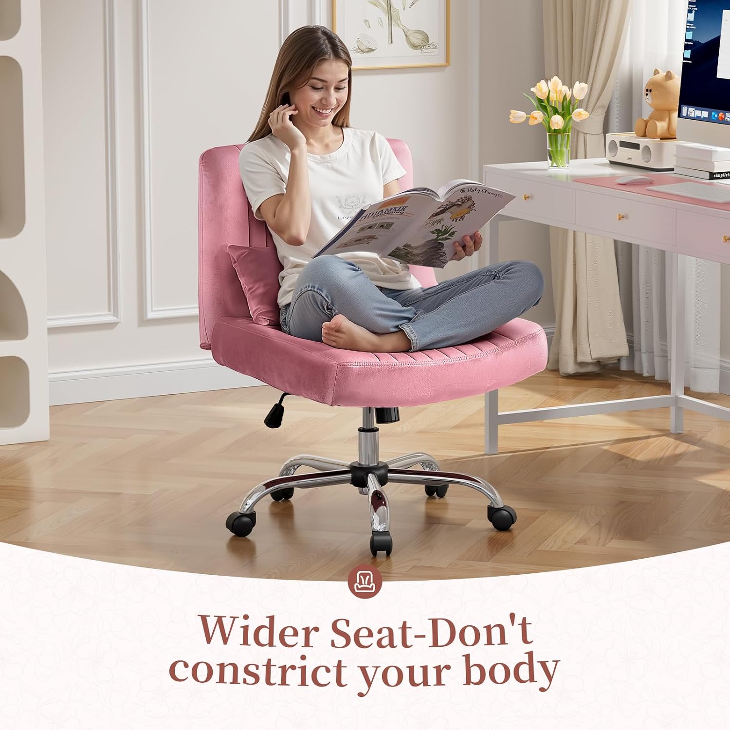 Warmiehomy Velvet Criss Cross Desk Chair with Wheels, Luxury Cross Legged Office Chairs for Home Office, Swivel Wide Seat Vanity Chair, Armless Adjustable Height Gaming Chair Gift, Dusty Rose