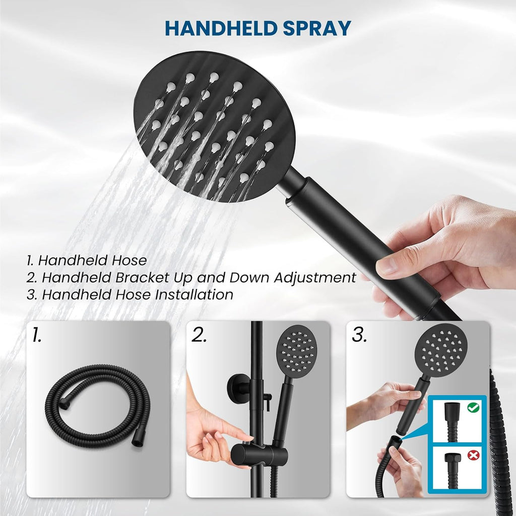 gotonovo SUS304 Outdoor Shower Fixtures High Pressure Rainfall Shower System Combo Wall Mount 2 Dual Function 8 Inch Shower Head and Round Handheld Spray Single Handle Shower Faucet Set Matte Black