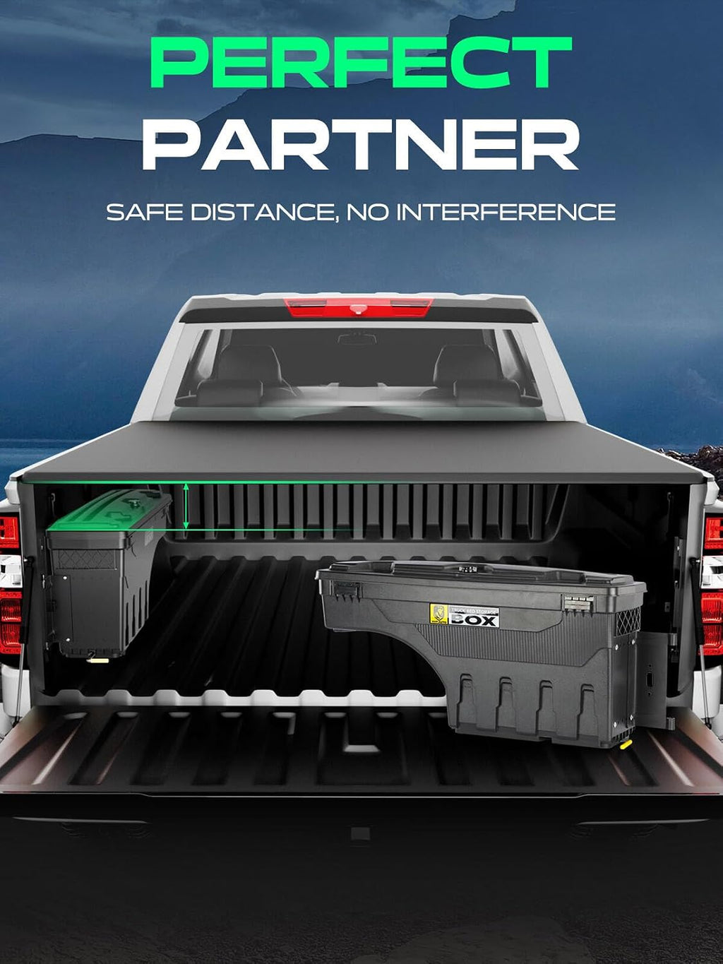 YHTAUTO Truck Bed Storage Tool box Lockable Compatible with 2015-2026 Ford F-150, Without Bed Rail Storage, Passenger Side, Swing Waterproof Wheel Well Toolbox