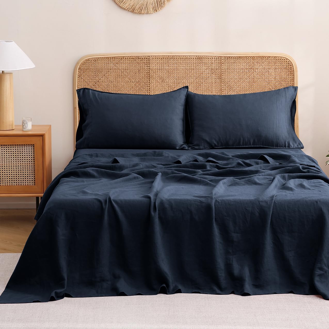 S VICTORY SYMBOL 100% Organic Linen Sheets Set,French Natural Bedding,Ultra Soft Luxurious Stone Washed Flax 4 Pieces Sheets Set(Navy,King)