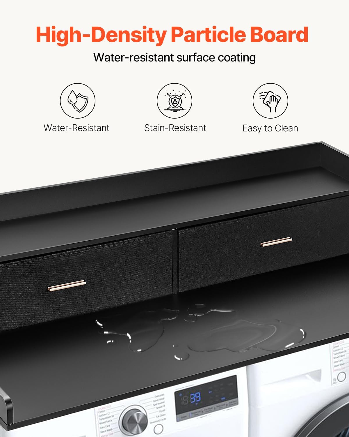 VEVOR 2 Drawers Washer Dryer Countertop with Shelf, 54' x 27' Wooden Laundry Countertop with 2 Hooks & Non-Slip Pads, Washer and Dryer Covers for The Top, Laundry Room Organization and Storage, Black