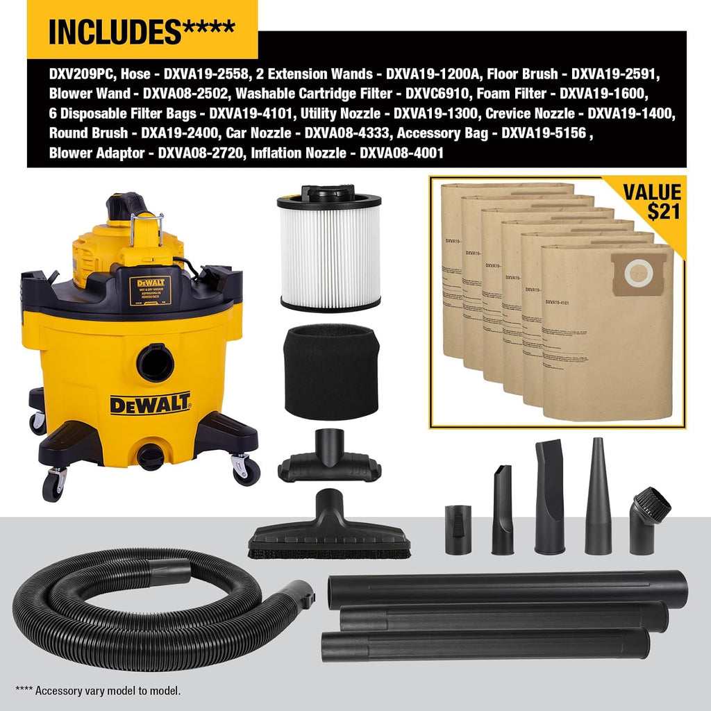 DEWALT Shop Vacuum Wet and Dry, 9 Gal 5 HP Shop Vac with Detachable Blower, Complete Full Set of Accessories & Storage Bag Design, Wet Dry Vacuum Cleaner for Garage Workshop Lawn Yard Patio, DXV209PC