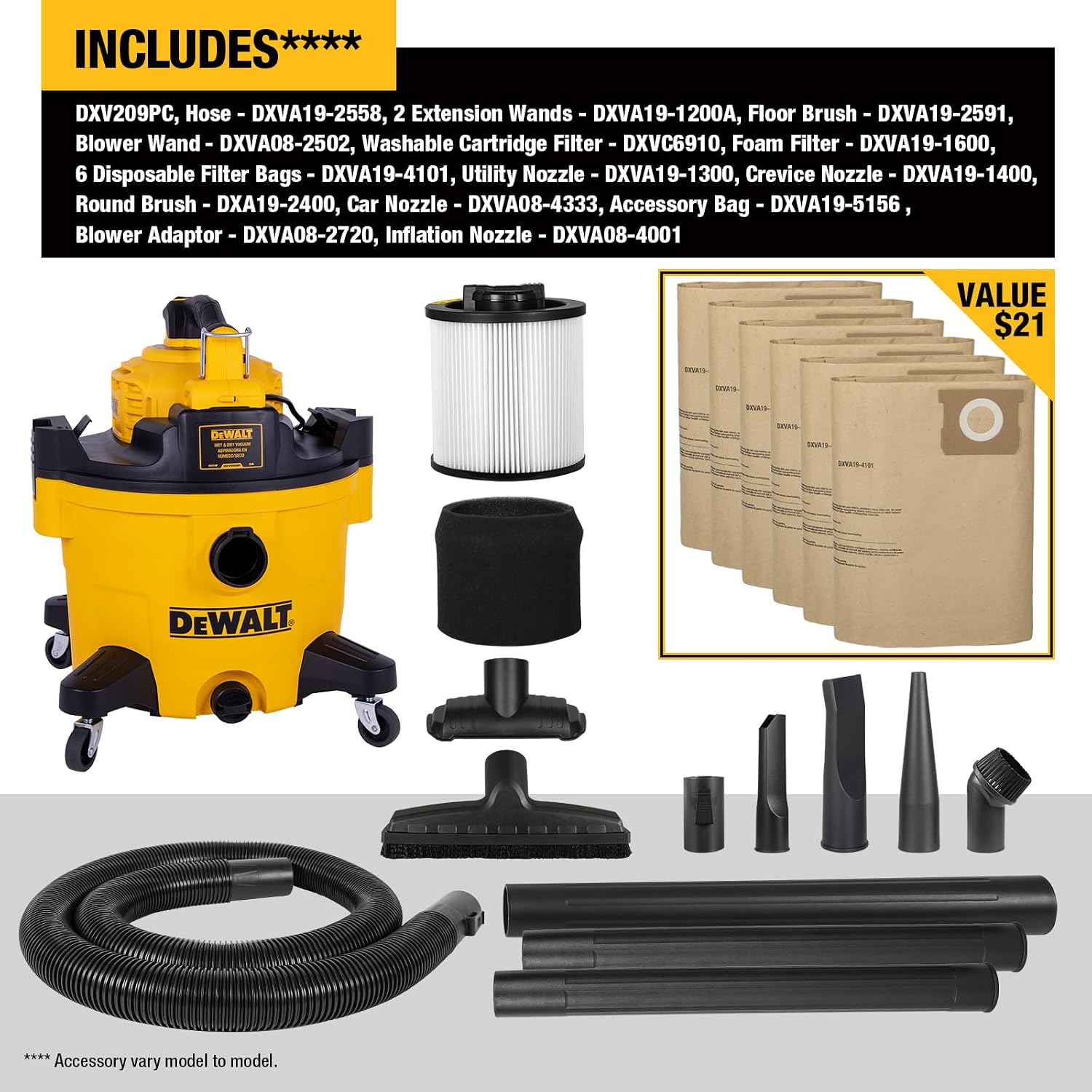 DEWALT Shop Vacuum Wet and Dry, 9 Gal 5 HP Shop Vac with Detachable Blower, Complete Full Set of Accessories & Storage Bag Design, Wet Dry Vacuum Cleaner for Garage Workshop Lawn Yard Patio, DXV209PC