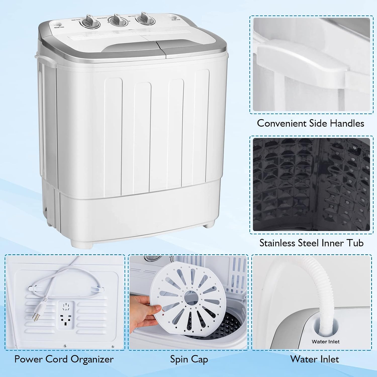 COSTWAY Portable Washing Machine, Twin Tub 13Lbs Capacity Washer 8Lbs and Spinner 5Lbs with Control Knobs, Timer Function, Drain Pump, Compact Laundry washer for Home Apartment Dorms RV, Grey+White