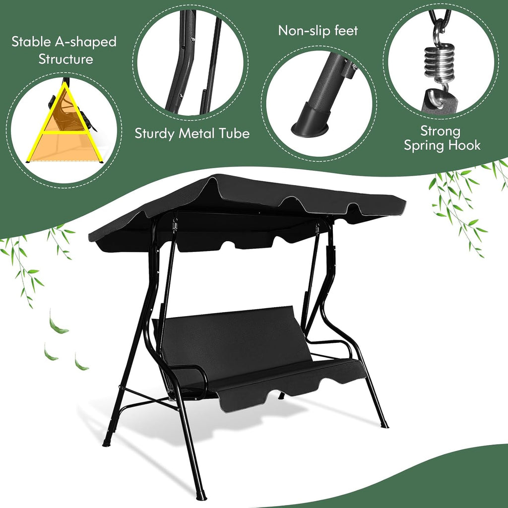 DREAMADE Porch Swing Outdoor, 3 Person Patio Swing w/Removable Cushion, Stand & Adjustable Canopy, Heavy Duty Swing Chair for Patio, Garden, Courtyard, Poolside