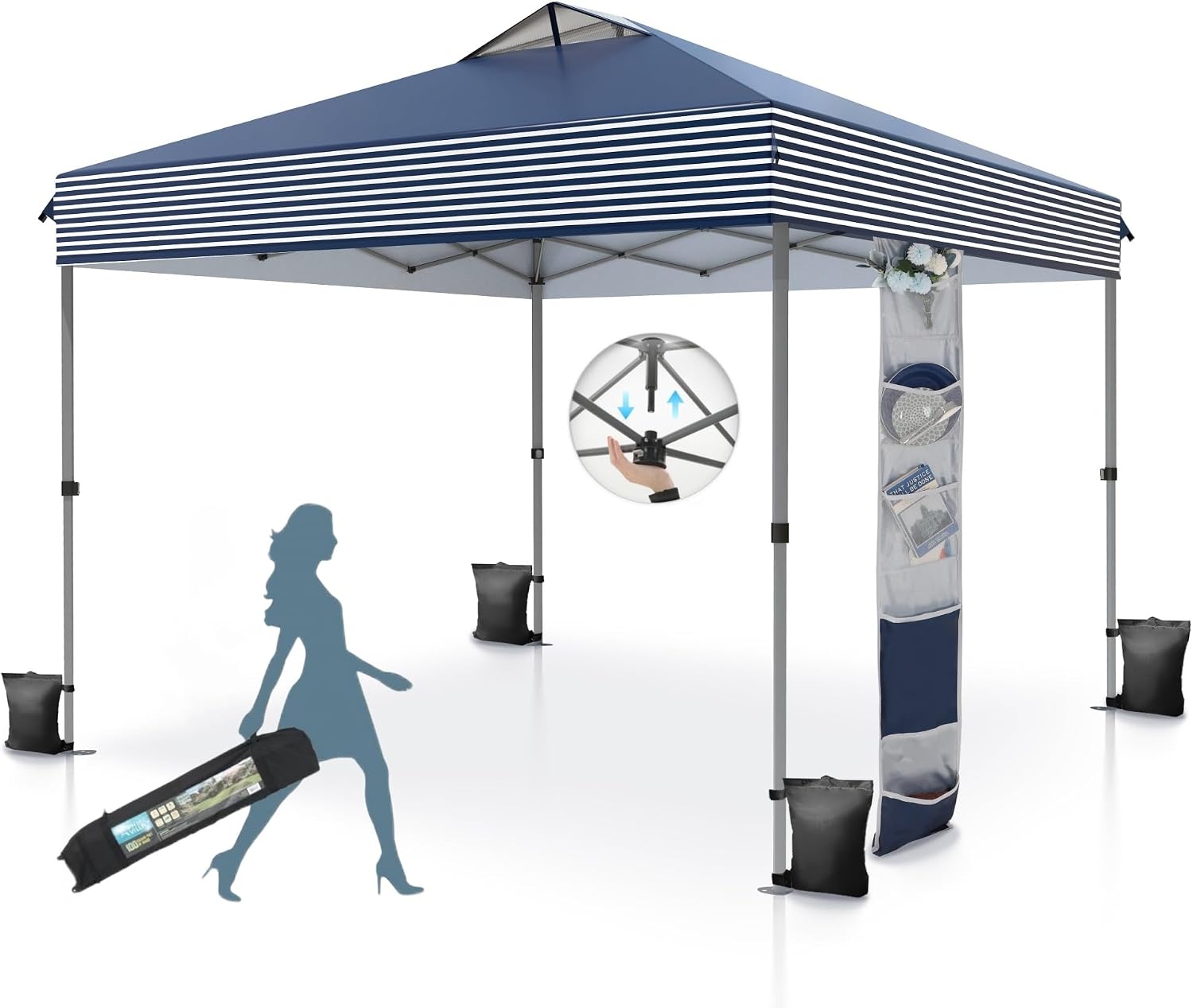 MFSTUDIO Pop Up Canopy Tent, 10x10 Outdoor Canopies One Person Push Set Up Tent Instant Portable Shelter Tents with Vented Top, Storage, 4 Sandbags, Beach Canopy,Blue Stripe