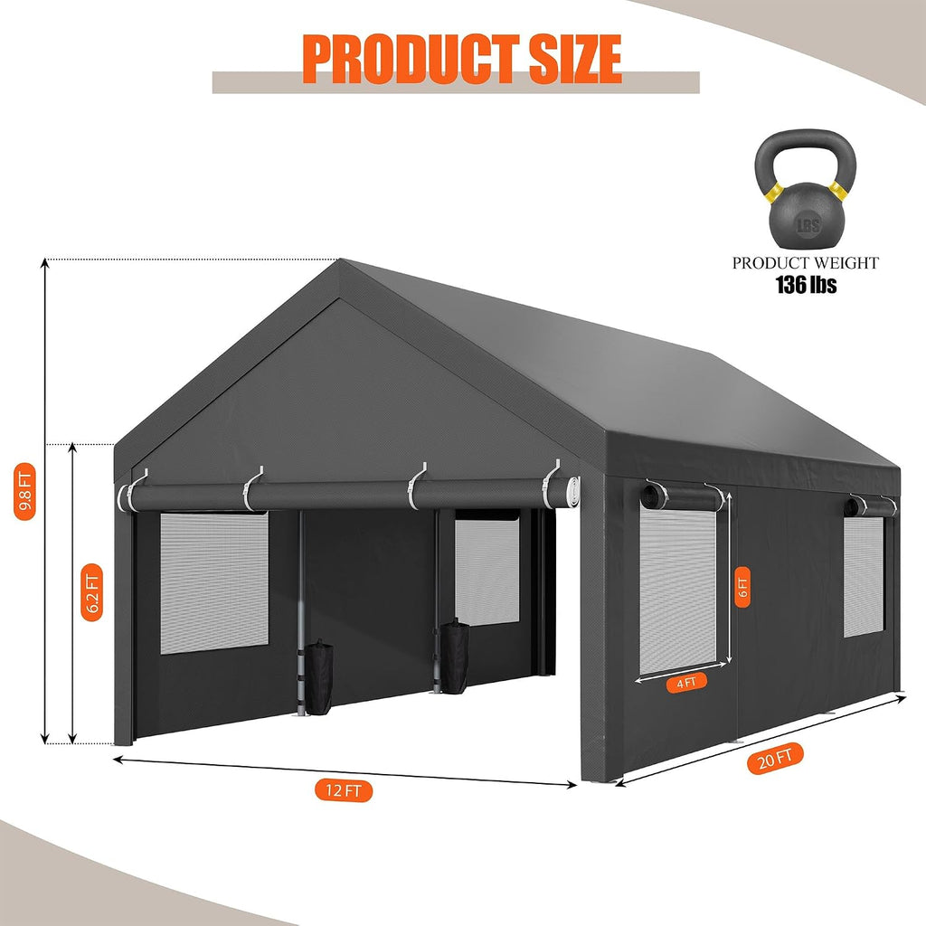 JAMFLY Carport, 12x20 ft Heavy Duty Carport with Roll-up Windows, Portable Garage with Removable Sidewalls & Doors, Car Canopy with Sandbags and All-Season Tarp for Car Boat Truck Motorcycle, Grey