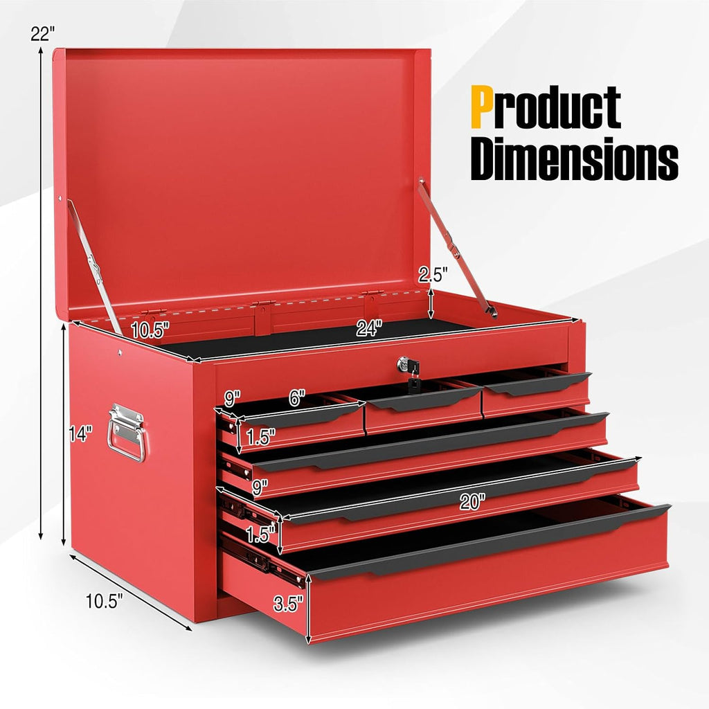 Tool Box, 6-Drawer Steel Tool Chest with Top Storage Automatic Lock & EVA Liner, Portable Tool Storage Organizer for Repair Shop Garage Warehouse (Red)