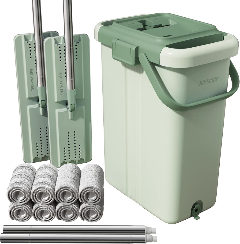 JOYMOOP Mop and Bucket Set for Household and Commercial Cleaning, Flat Mop System with 2 Mops and 8 Large Microfiber Pads for Floors and Walls