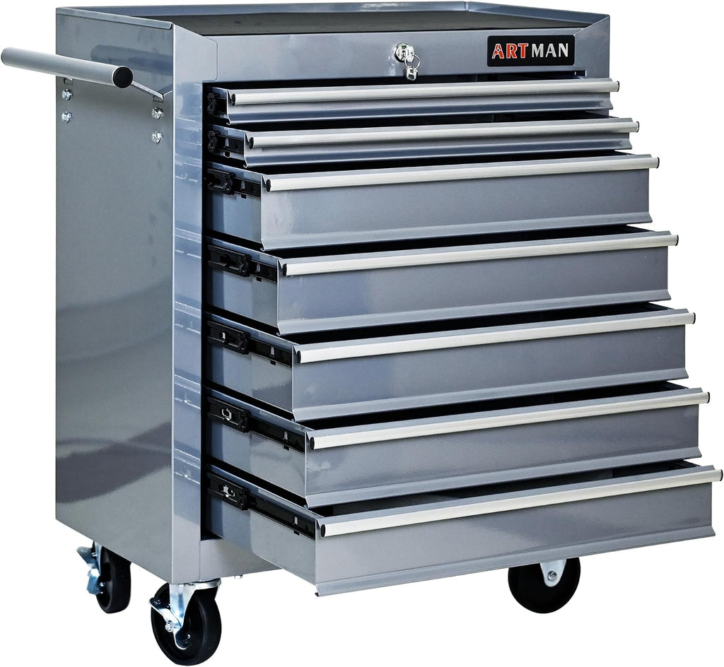 7 Drawer Tool Cart: Multifunctional US General Tool Box on Wheels and Rolling Toolbox (Sliver)