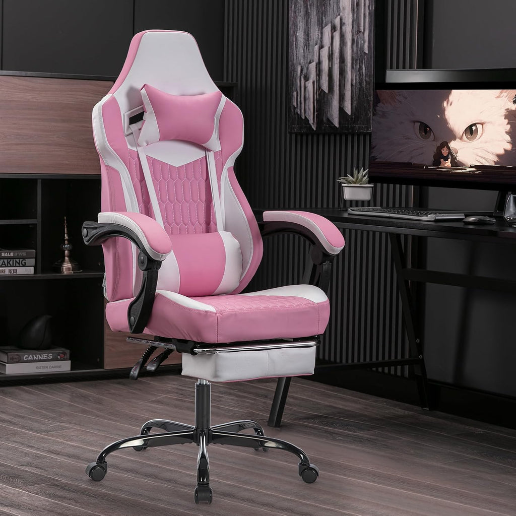 Gaming Chair with Massage and Footrest, Ergonomic High Back PC Racing Chair, 300LBS Capacity with Adjustable Lumbar Support & Headrest for Office and Desk (Model B, Pink)