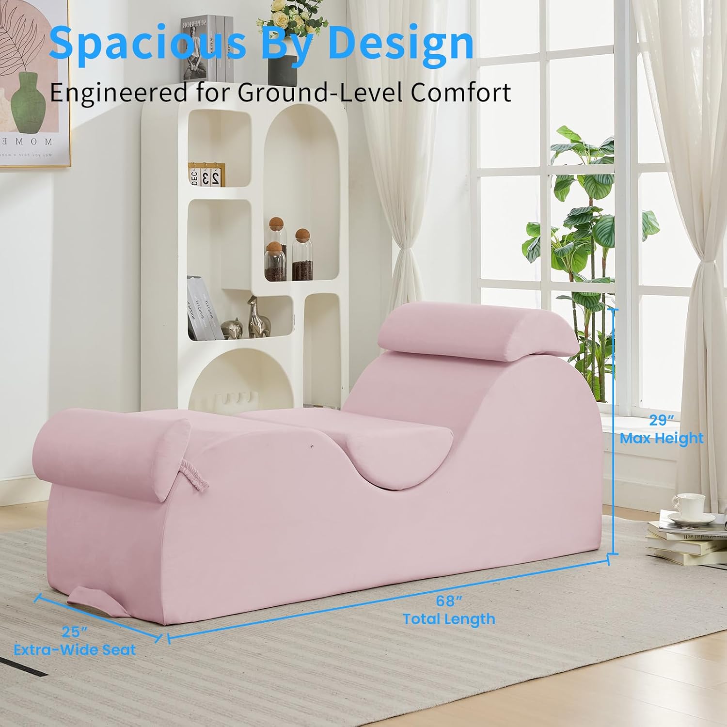 Ijuicy 25 Inch Yoga Stretching Recliner Chair, Soft Velvet Household Workout Training Chair, Indoor Leisure Lounge Chair with Headrest and Movable Footrest for Body Stretching & Daily Relaxation, Pink
