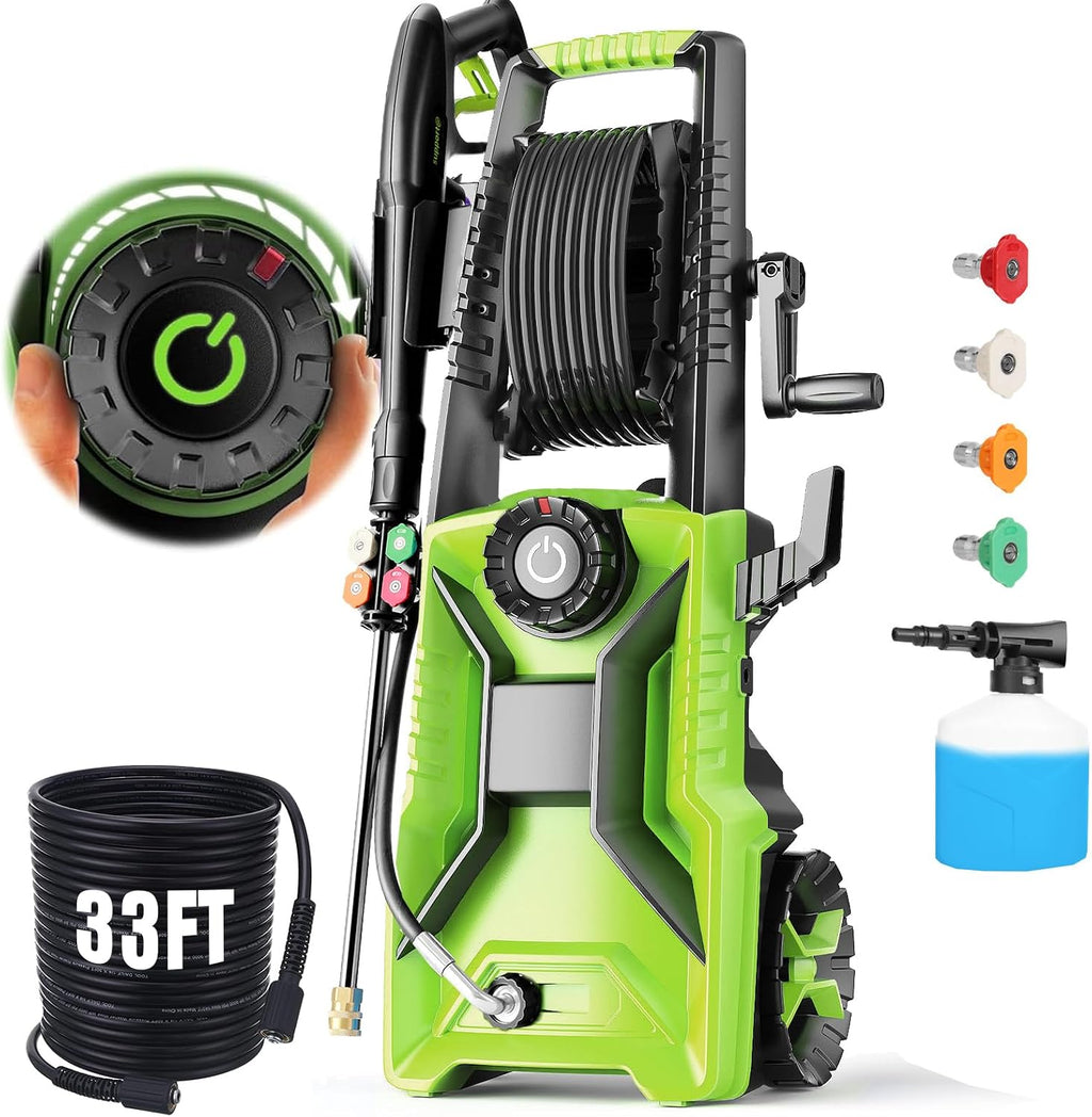 Pressure Washer 5000 PSI Adjustable Pressure, Power Wahser Powered with 33ft Pressure Hose, 4 Nozzles and 500ml Foam Cannon, Cleaner Machine for Home, Car, Green