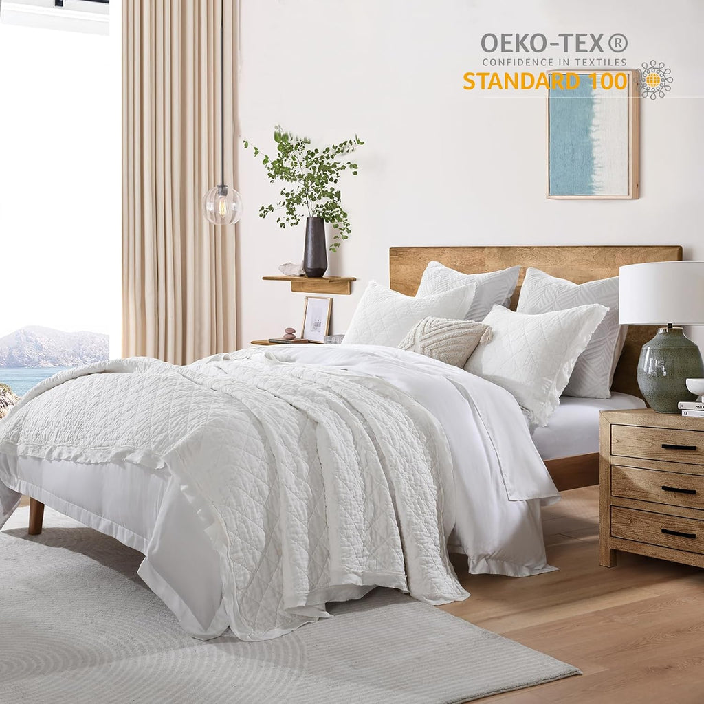 HORIMOTE HOME 100% Linen Front/100% Cotton Back Quilt Set Queen Size, White Pre-Washed European Flax Linen Quilt, Diamond Stitch Bedspread Coverlet Bedding Set 3-Piece for All Seasons
