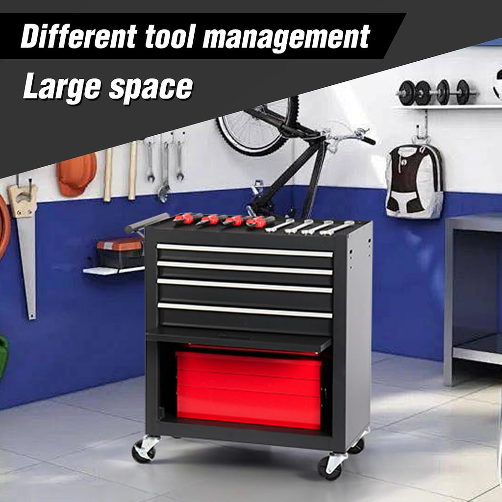 4-Drawer Rolling Tool Box with wheels, Large Capacity Tool Chest with Locking System, Heavy Duty Metal Tool Cart for Garage, Workshop, Repair Shop (Black, 4-Drawer)