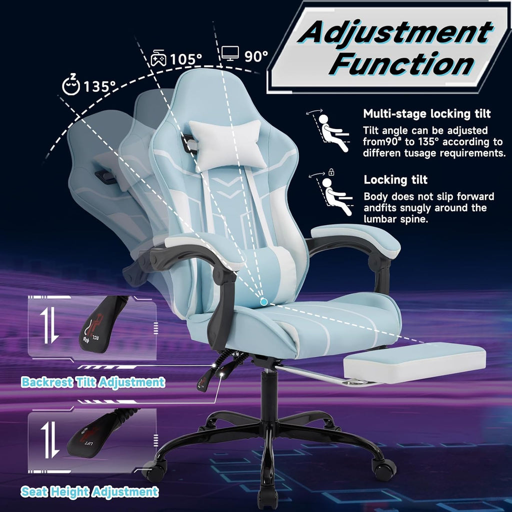 Gaming Chair with Massage and Footrest, Ergonomic High Back PC Racing Chair, 300LBS Capacity with Adjustable Lumbar Support & Headrest for Office and Desk (Model D, Blue+White)