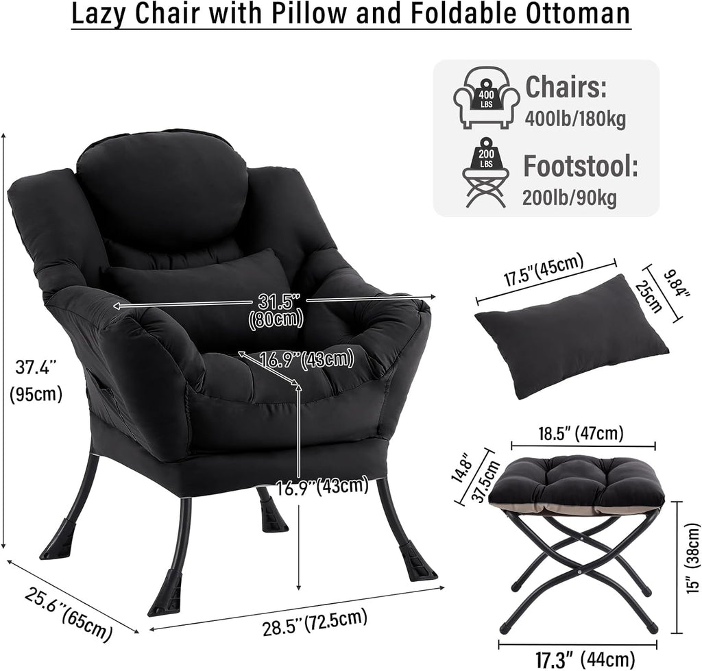 Lazy Chair with Ottoman, Modern Accent Chair with Lumbar Pillow, Black Sofa, Armchairs with Folding Footrest, Oversized Supportive Chairs for Bedroom, Reading