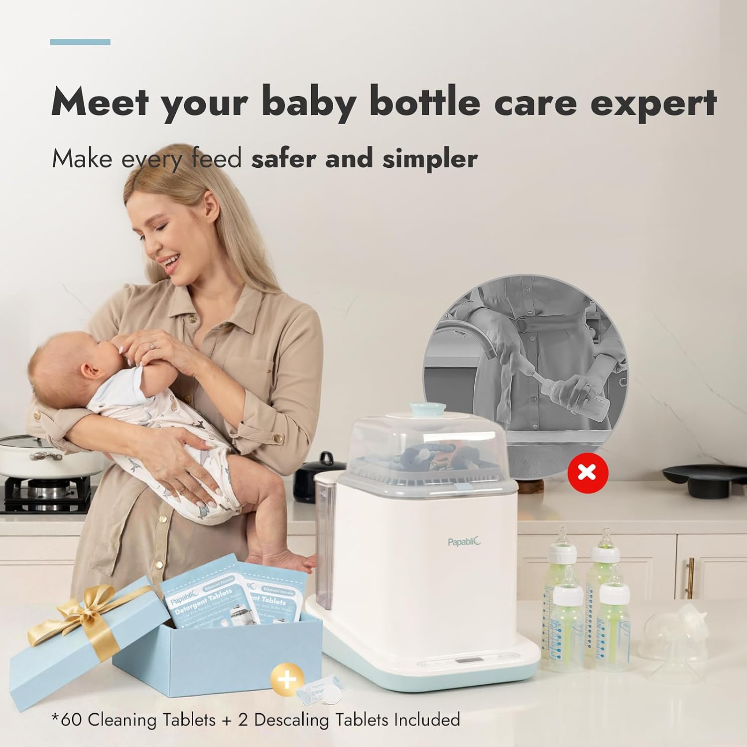 Papablic Bottle Washer Pro, Bottle Washer & Sterilizer & Dryer, 4-in-1 Sanitizer for Bottles, Pump Parts, C-Section& Baby Essentials - Quick & Clean with 60 Detergent Tablets