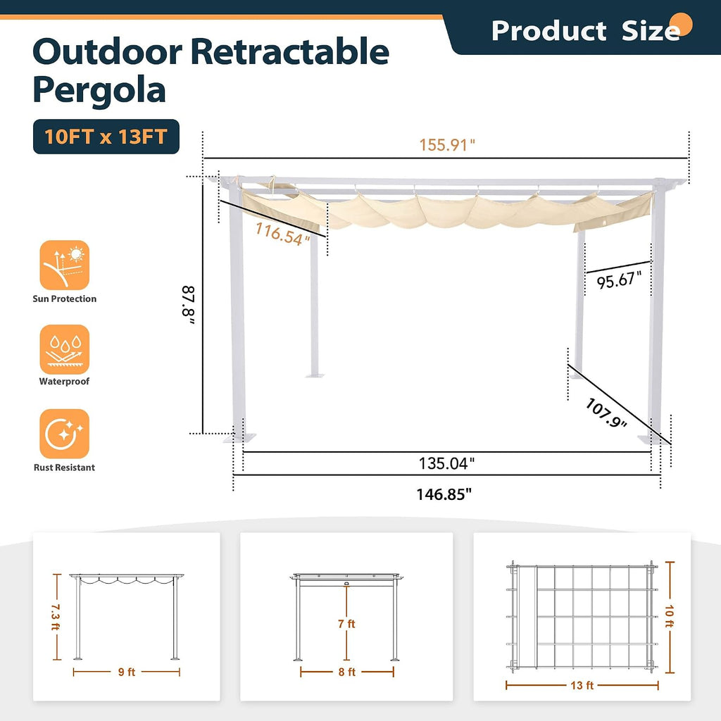 HAPPATIO 10' X 13' Pergola Retractable Canopy with White Frame for Backyards, Gardens, Patios, Outdoor Pergola with Sun Shade Canopy (Beige)