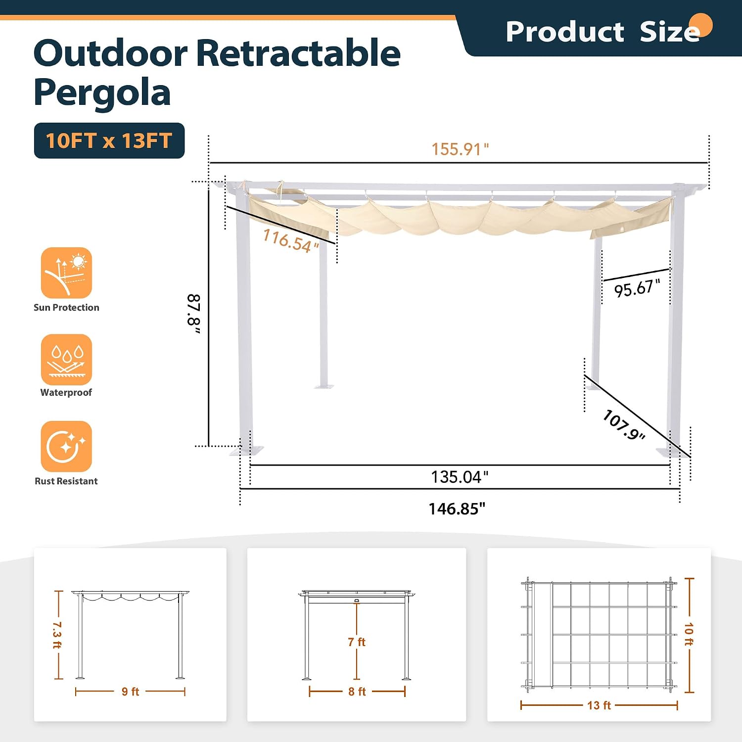 HAPPATIO 10' X 13' Pergola Retractable Canopy with White Frame for Backyards, Gardens, Patios, Outdoor Pergola with Sun Shade Canopy (Beige)