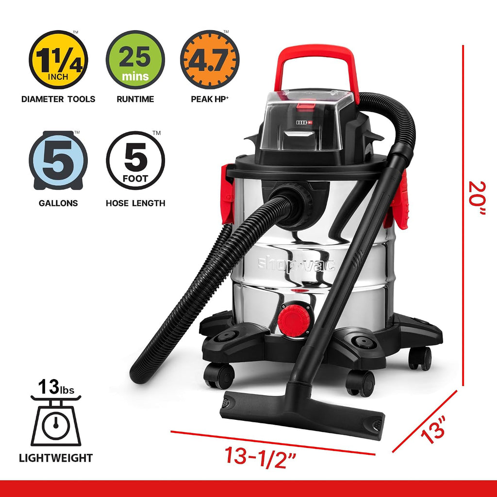 Shop-Vac 20V Wet/Dry Cordless Vacuum, 5 Gallon, 4.7 Peak HP, 10kPa Strong Suction & Blower, Portable Shop Vacuum, 4.0A Battery Powered for Car, Home and Garage