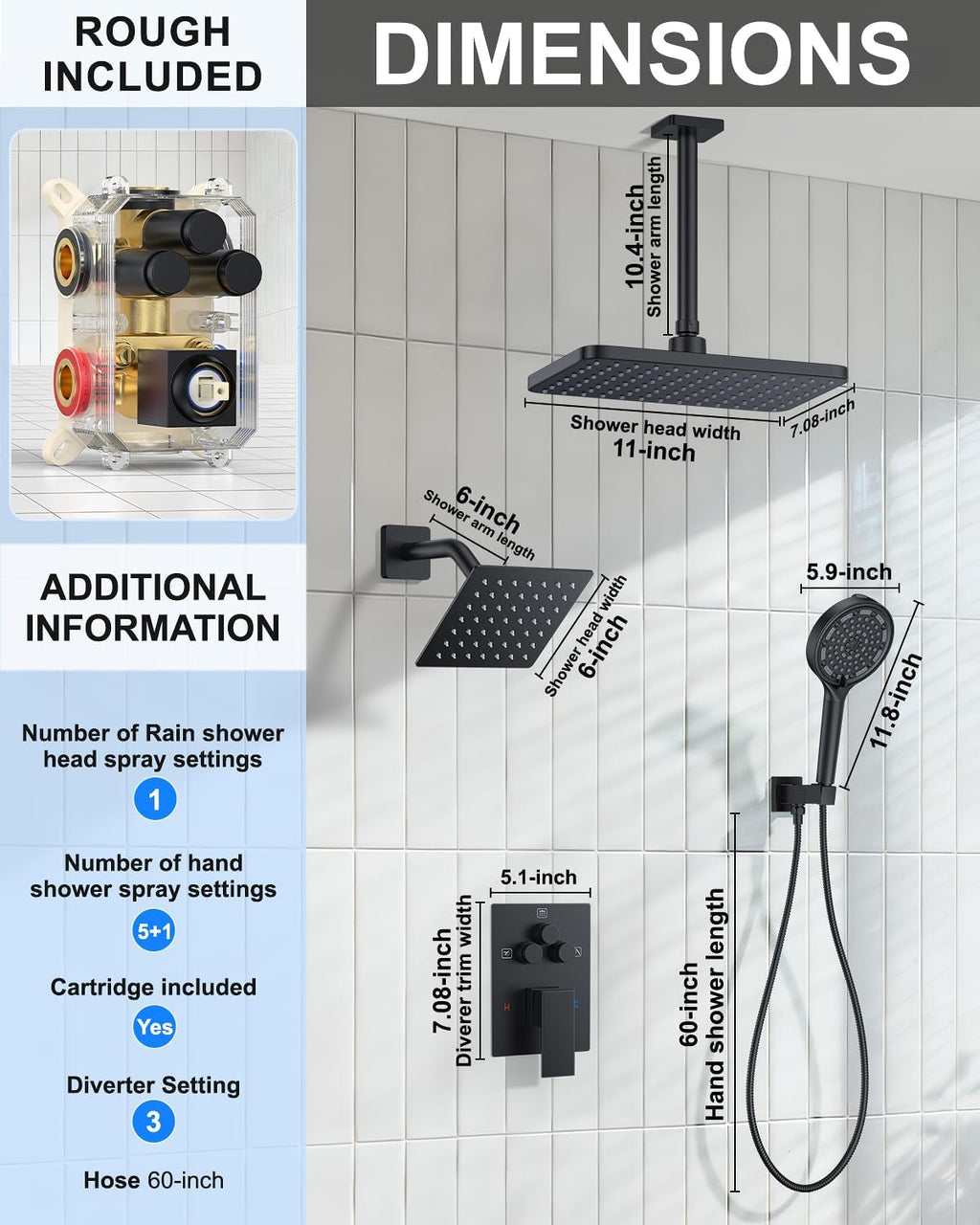 KOJOX Matte Black Dual Shower Head System – 11' Ceiling Rainfall + 6' Wall Mount Heads, 6-Mode Handheld Spray, Push-Button Diverter Faucet Set