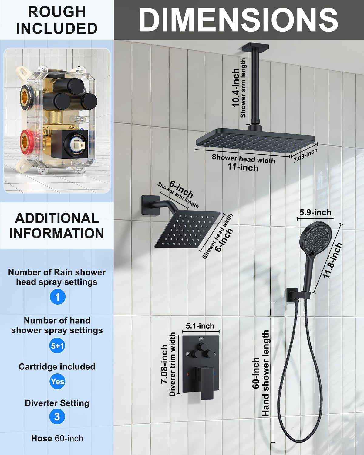 KOJOX Matte Black Dual Shower Head System – 11' Ceiling Rainfall + 6' Wall Mount Heads, 6-Mode Handheld Spray, Push-Button Diverter Faucet Set