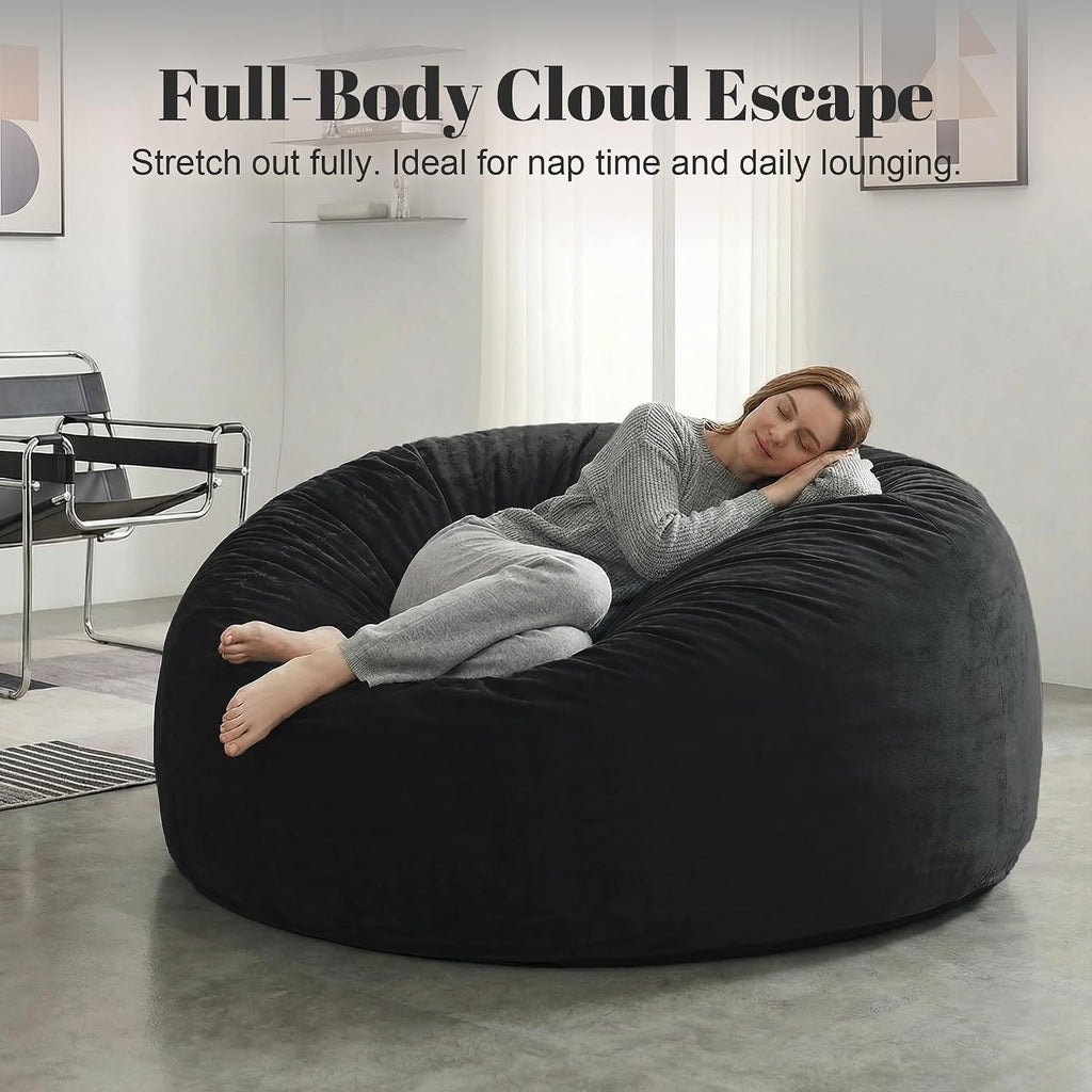 Codi Oversized Bean Bag Chair with Filler Included, 5 FT - Comfy Huge Beanbag Chairs for Adults, Memory Foam Added - Machine Washable and Soft Mink Bonded Cover - Black, 5ft