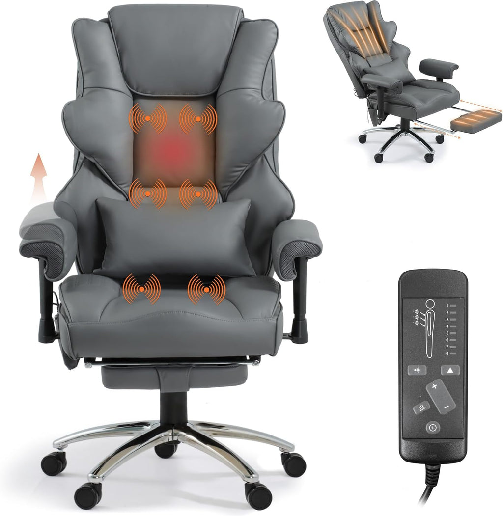 Massage Office Chair with Foot Rest, Ergonomic Executive Heated Office Chair with Reclining Backrest, Adjustable Arms and Lumbar Support, High Back Leather Desk Chairs for Home Office, Gray