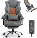 Massage Office Chair with Foot Rest, Ergonomic Executive Heated Office Chair with Reclining Backrest, Adjustable Arms and Lumbar Support, High Back Leather Desk Chairs for Home Office, Gray