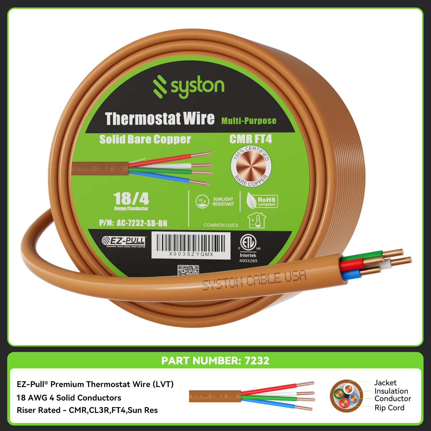 Syston 18/4 Thermostat Doorbell HVAC Heating Control Cable Wire, 100% Solid Copper Conductors CL3R/FT4/CMR Riser-Rated UL/ETL Listed, UV Resistant RoHS for Indoor/Outdoor Low Voltage Applications Use