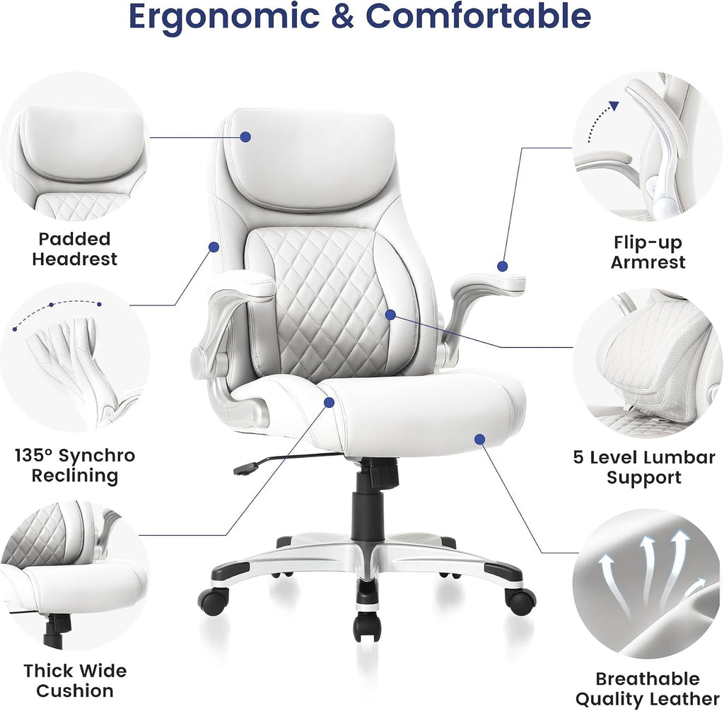 Nouhaus Ergonomic Office Chair Premium Leather Adjustable Lumbar Support & Armrests, High Back Comfy Desk Gaming Chairs Executive Computer Swivel Chair Tilt Function(Posture,White)