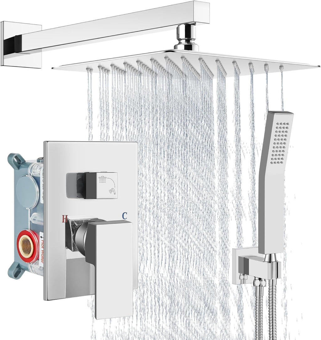 Aolemi Shower Faucet Set Rain Shower System with Handheld Spray Bathroom Shower Combo Rough-in Valve and Shower Trim Kit Included Polish Chrom 10 Inch Wall Mount Shower Head