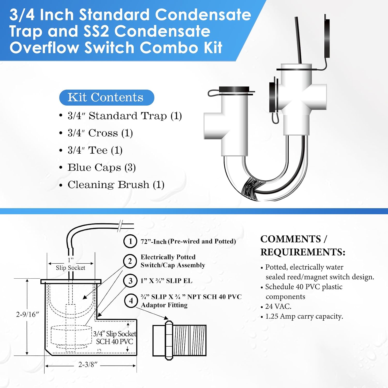 8 Pack 3/4 Inch Standard Condensate Trap with Cleaning Brush and Condensate Overflow Float Switch Compatible with SS2 Combo Kit for HVAC Systems, Air Conditioner