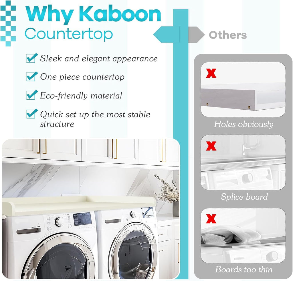 Kaboon Washer Dryer Countertop 58' x 28' Extra Large Version, Melamine Countertop with 3.5' Edge Rails, Laundry Room Organization, White