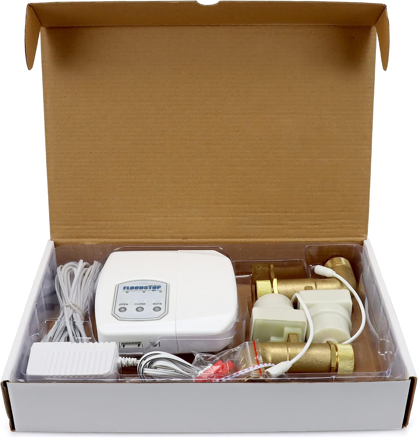 FloodStop NEW Washing Machine Leak Detector Kit with Automatic Water Shut-Off and Visual/Audible Alarms, 3/4' 90deg, Hot & Cold Valves
