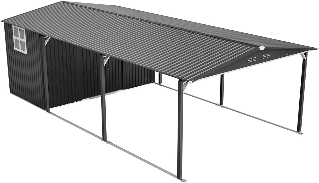 KEIKI 12x23 FT Heavy Duty Metal Carport with Storage Shed, Steel Garage Shelter with Sliding Door, Waterproof Sloped Roof, UV Protection Panels, Outdoor Car Canopy for Car, Boat, Tractor