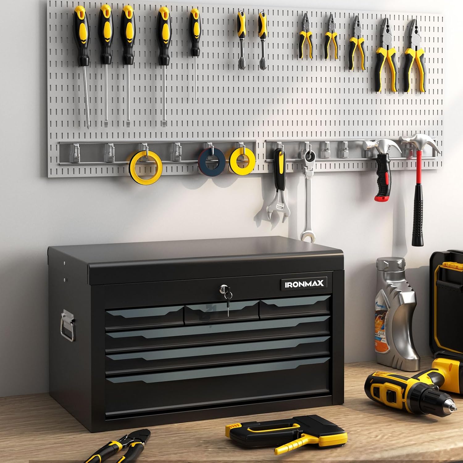 Tool Box, 6-Drawer Steel Tool Chest with Top Storage Automatic Lock & EVA Liner, Portable Tool Storage Organizer for Repair Shop Garage Warehouse (Black)