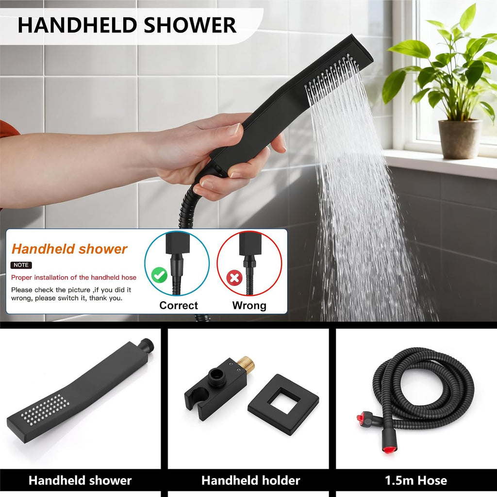 Midanya Shower System with Tub Spout,Bathtub Shower Faucet Set with Square Rainfall Head and Handheld Sprayer Wall Mount Tub Faucet Set with Valve and Trim Kit,8 Inch Matte Black