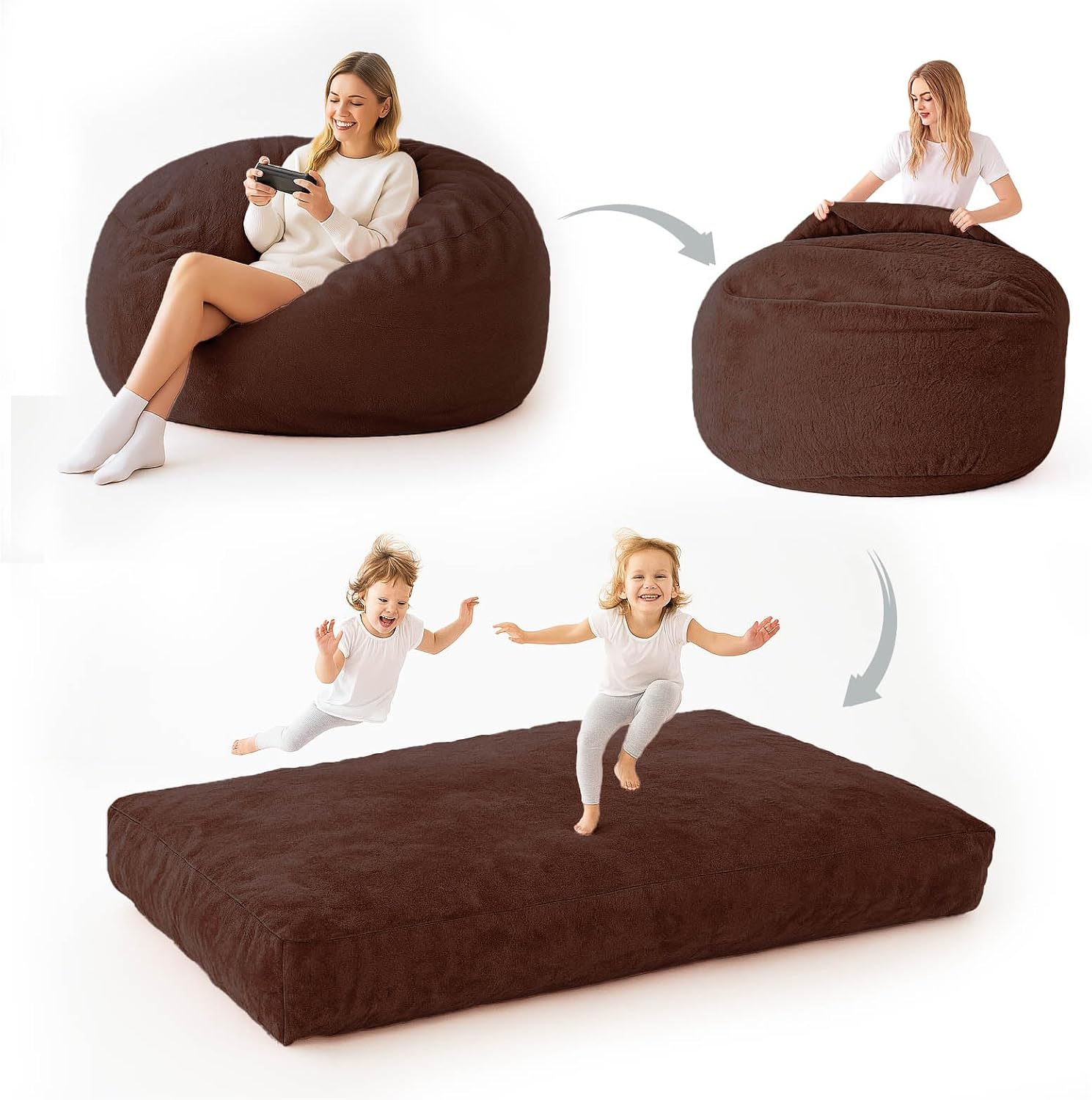 Adult bean bag chair bed, bean bag sofa with filling, memory foam, comfortable floor sofa bed, boneless floor chair, suitable for living room bedroom dormitory balcony lounge (Coffee Color, Chair Bed)