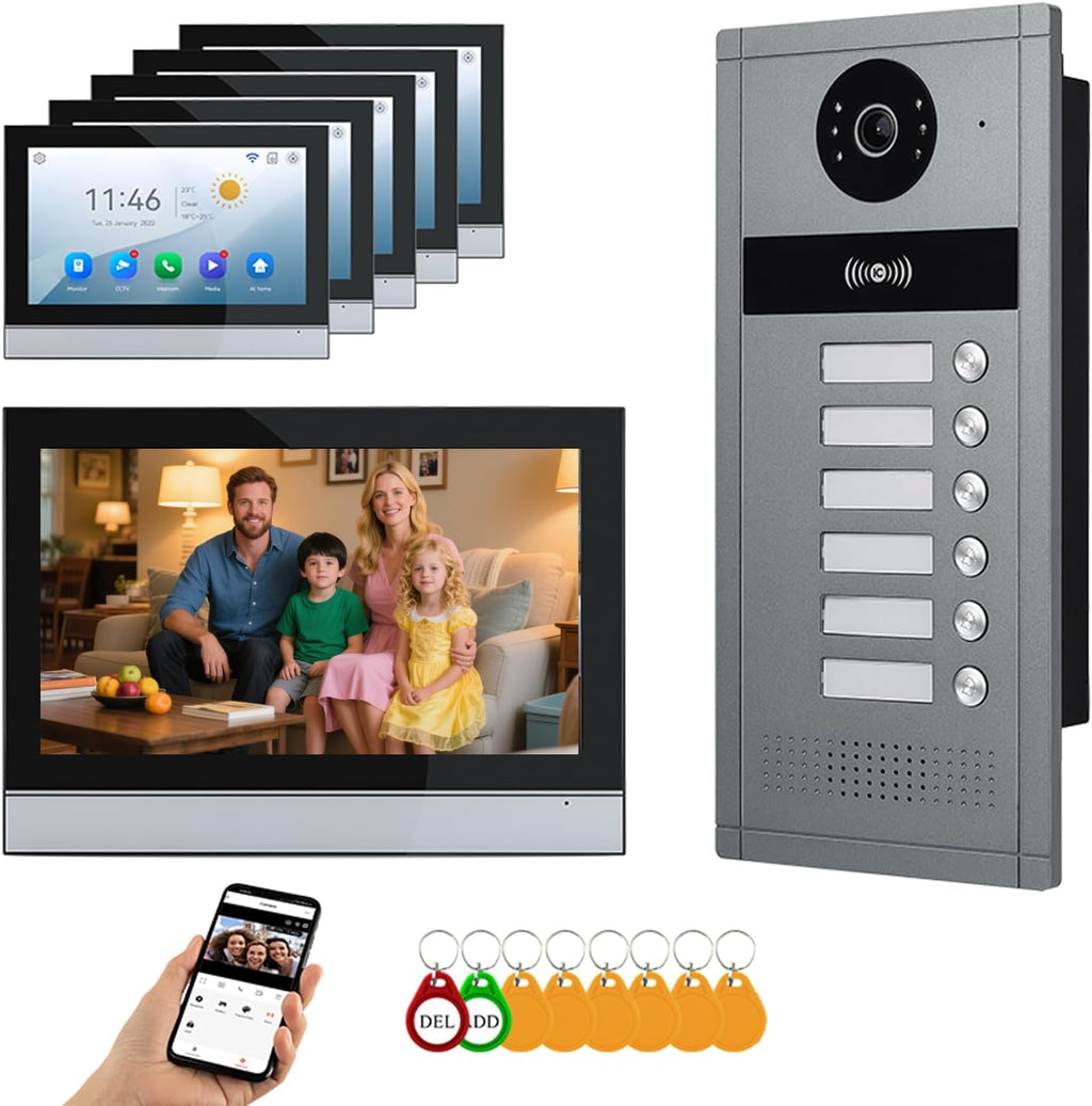 Wired Video Apartment Intercom System,6/12/18/24 Units 7 Inch Monitor 1080P Doorbell Intelligent Doorphone Kit with Motion Detection,Anti-Tamper Alarm,3 in 1 Unlock for Flat House,Tuya (6 Monitor)