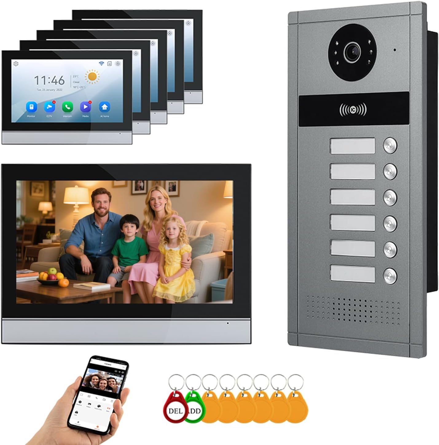 Wired Video Apartment Intercom System,6/12/18/24 Units 7 Inch Monitor 1080P Doorbell Intelligent Doorphone Kit with Motion Detection,Anti-Tamper Alarm,3 in 1 Unlock for Flat House,Tuya (6 Monitor)