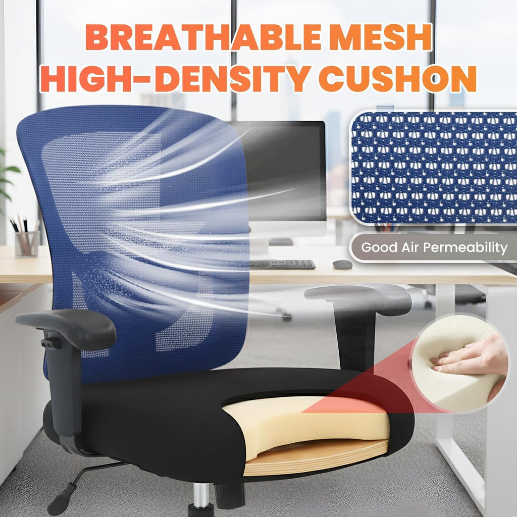 BestOffice Big & Tall Office Chair, 400 lb Capacity Mesh Desk Seating with Lumbar Support, Wide Seat, Adjustable Arms, Rolling Swivel High-Back Ergonomic Executive Task Model for Home Office, Blue