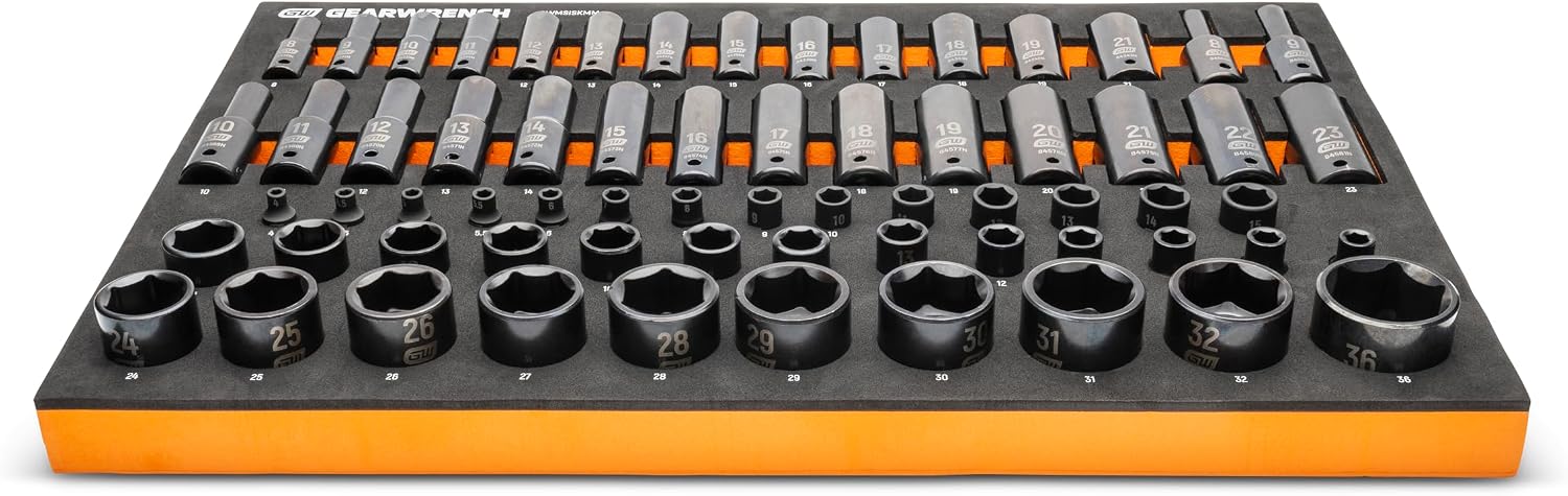 GEARWRENCH 66 Piece 1/4', 3/8', 1/2' Drive 6 Point Metric Impact Socket Set in Foam Storage Tray - GWMSISKMM